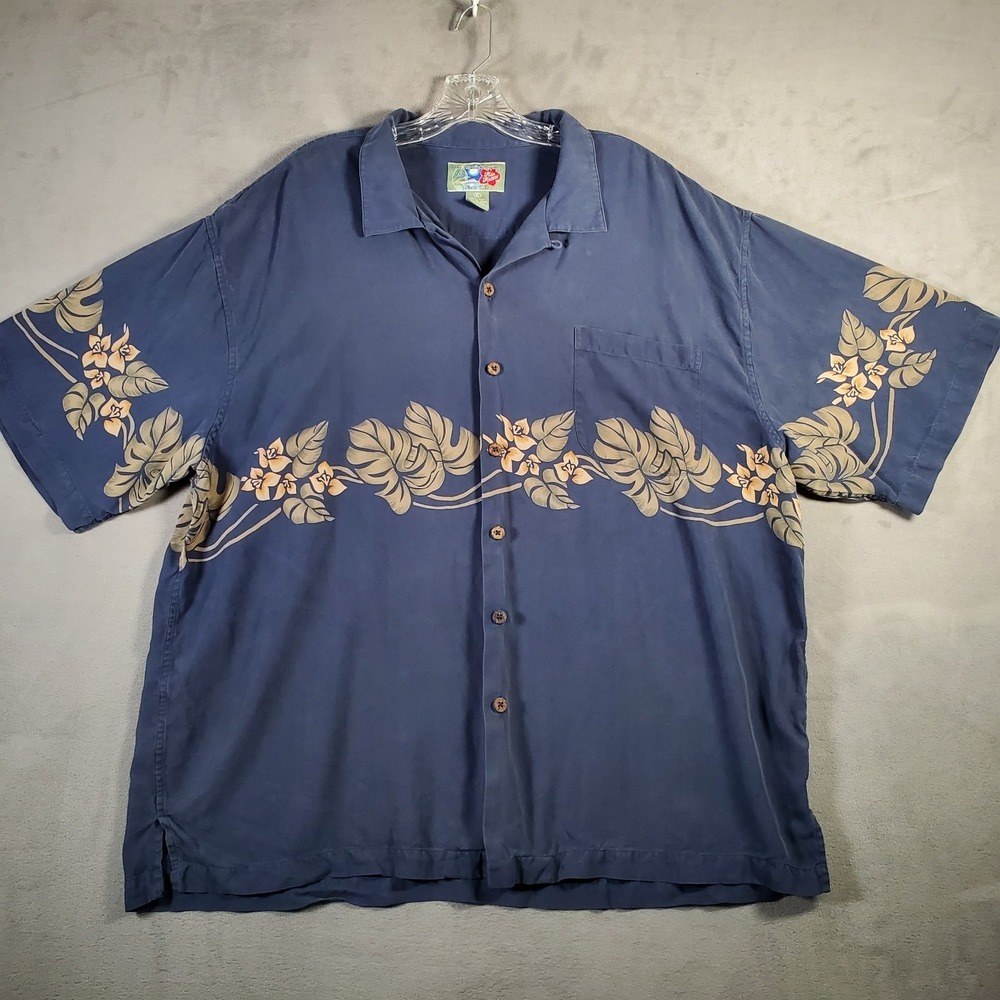 Hilo Hattie Shirt Mens XL Navy Blue Silk Floral Hawaiian Aloha Button‎ Tropical